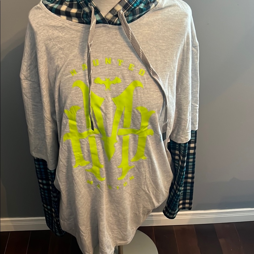 Disney Parks Haunted Mansion Layered Look Flannel Plaid Sleeve Hoodie Top XL
